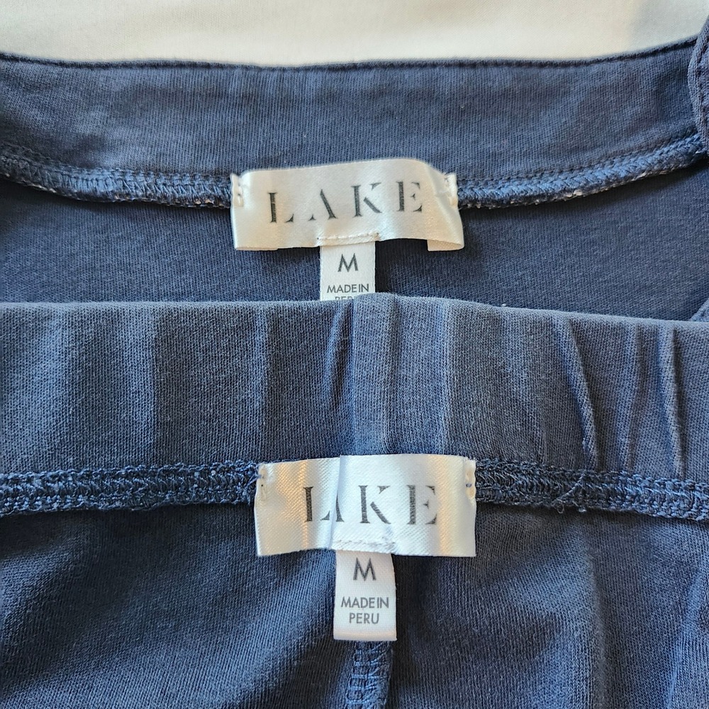 Lake Pajamas PJ Set Navy Blue 100% Pima Cotton Scallop Tank & Pants Women Medium - Picture 6 of 8